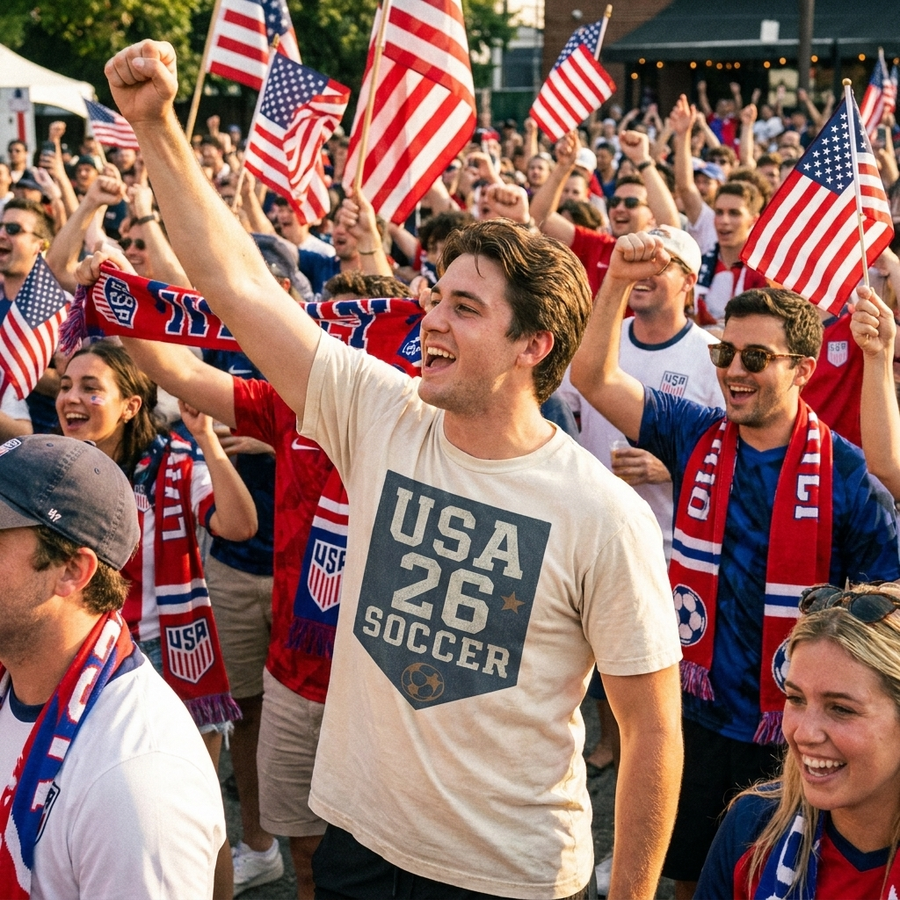 Soccer fan in washed cream retro USA 2026 graphic tee at outdoor watch party, lifestyle shot