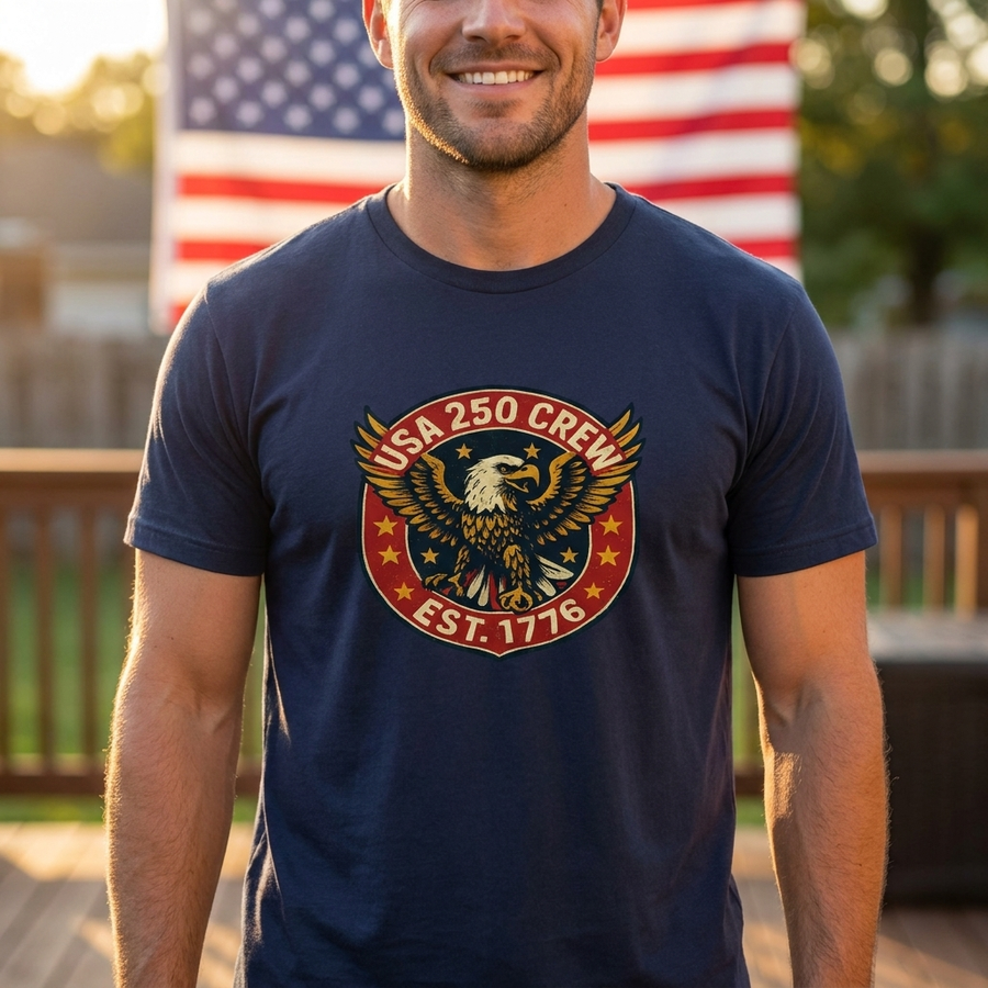 America 250th Birthday 4th of July Crew Tee — patriotic lifestyle shot