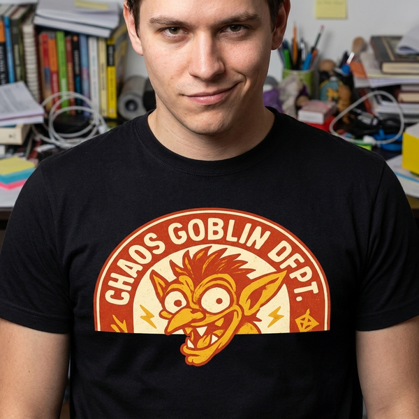 Chaos Goblin Department Tee — darkly amused lifestyle shot