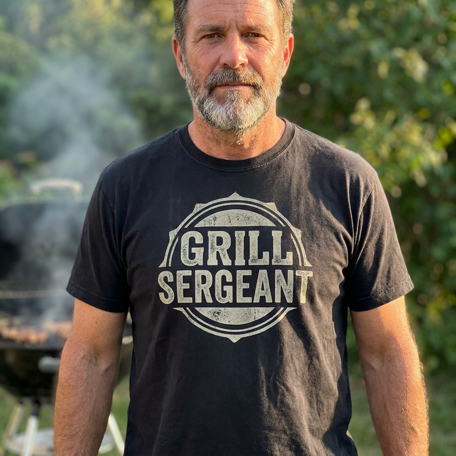 Man wearing black Grill Sergeant Father's Day t-shirt at backyard BBQ