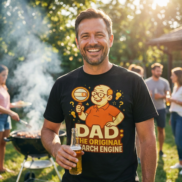 Funny dad shirt showing 'Dad: The Original Search Engine' graphic on black tee, lifestyle photo