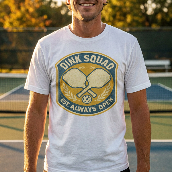 Dink Squad Retro Pickleball Shirt - matching court crew tee with retro badge graphic, printed in USA