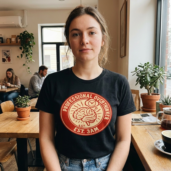 Woman in coffee shop wearing Professional Overthinker Club EST 3AM badge tee, black heather, centered graphic
