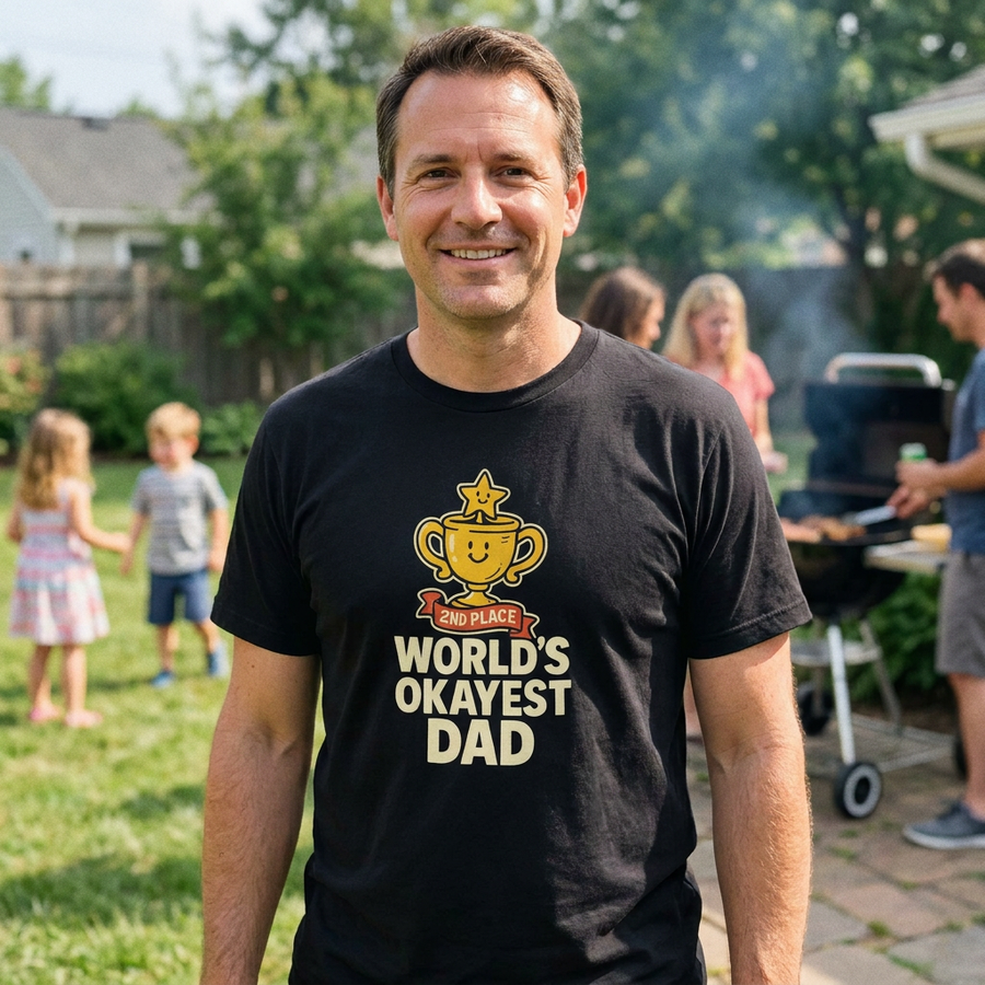 Dad wearing World's Okayest Dad shirt at backyard BBQ with kids in background