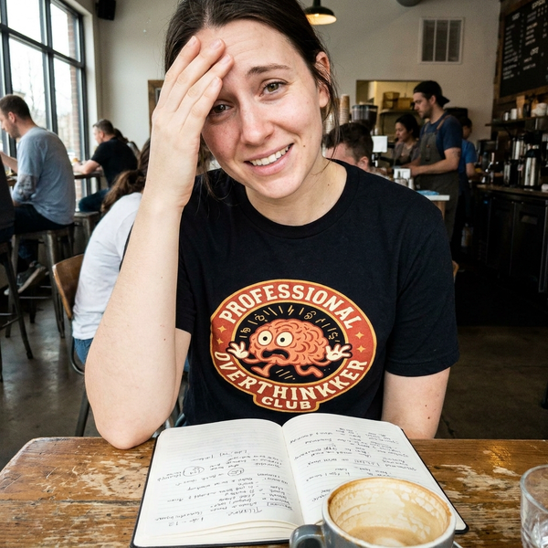 Woman at coffee shop wearing Professional Overthinker Club shirt, notebook and coffee on table