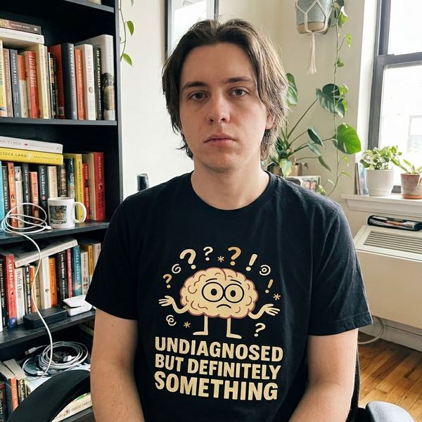 Person with deadpan expression wearing Undiagnosed But Definitely Something shirt, bookshelf background