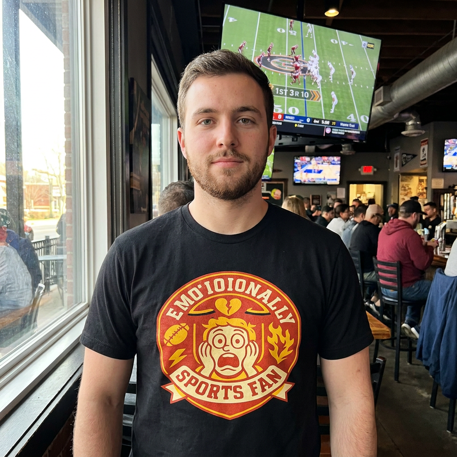 Emotionally Unwell Sports Fan badge tee worn at a sports bar