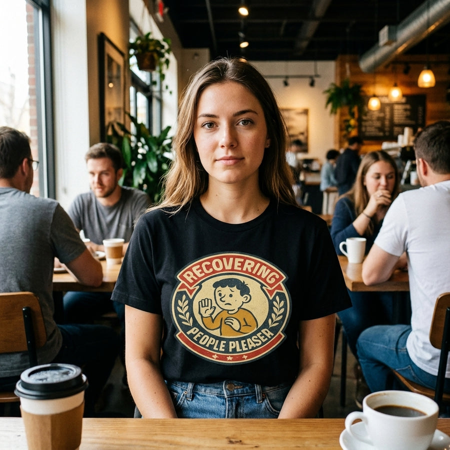 Recovering People Pleaser badge tee worn at a coffee shop