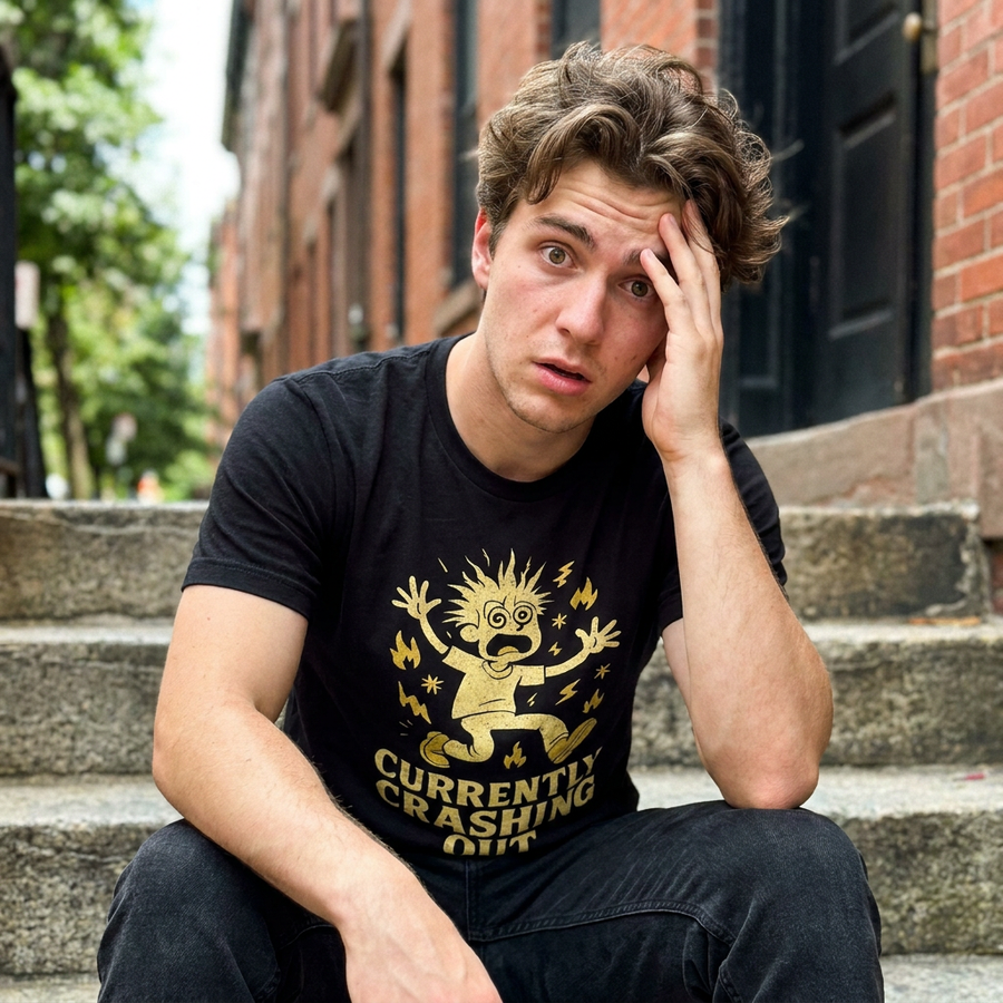 Man wearing Currently Crashing Out black t-shirt on city steps, design fully visible