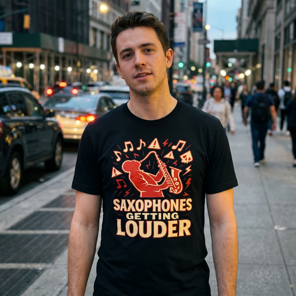Man wearing Saxophones Getting Louder black tee on a city street, funny doom meme graphic