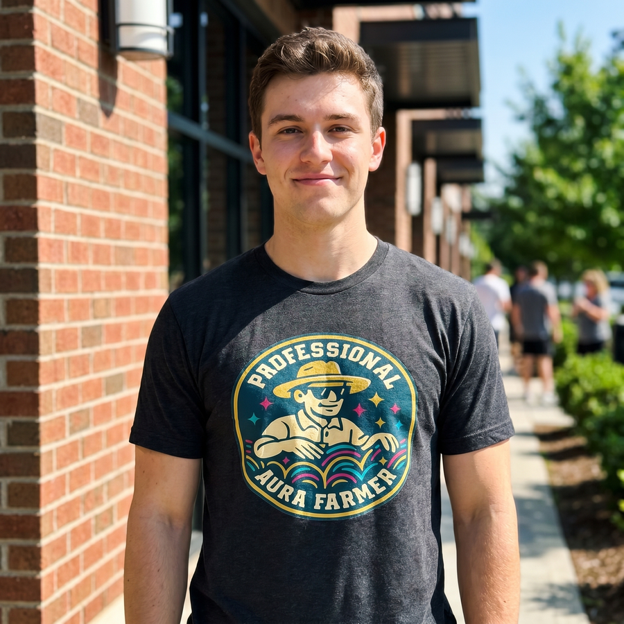 Man wearing Professional Aura Farmer badge tee outside, funny aura farming meme graphic