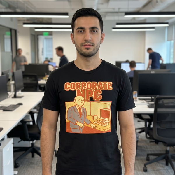 Man wearing Corporate NPC black tee in an open office, funny office humor graphic