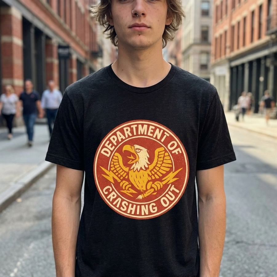 Person on a city street wearing a black Department of Crashing Out t-shirt with distressed eagle seal graphic