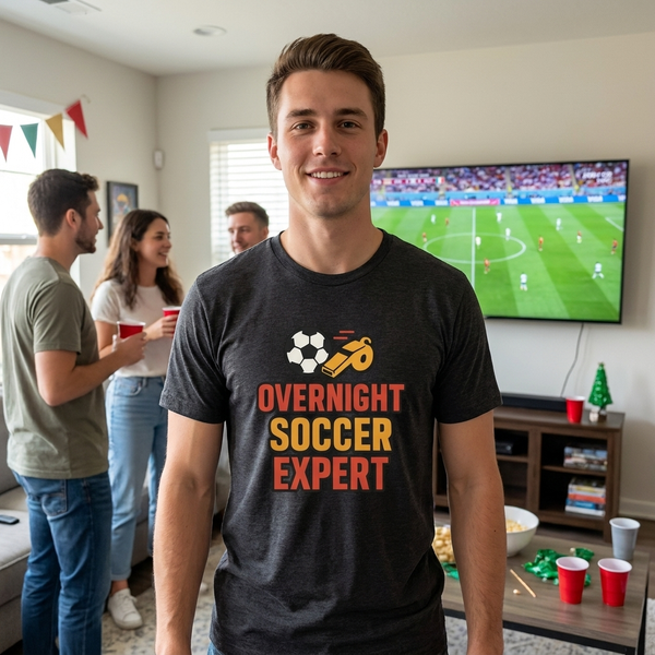 Man wearing the Overnight Soccer Expert funny World Cup 2026 t-shirt at a watch party