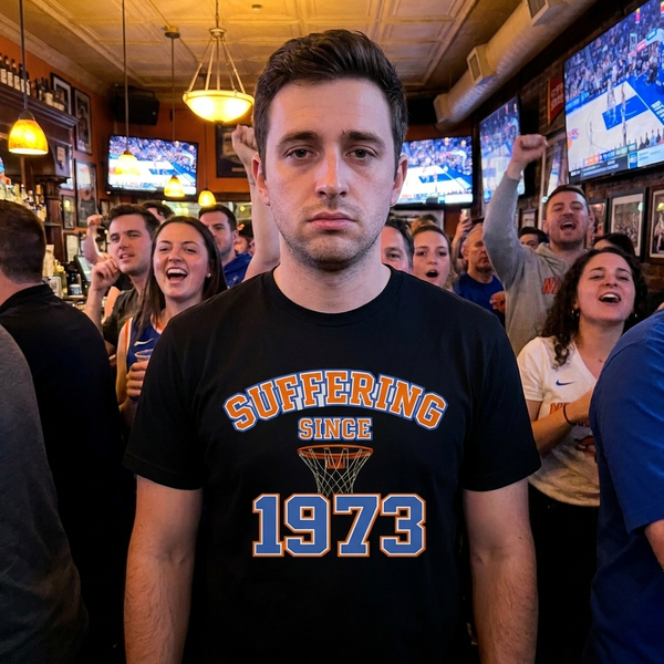 Fan in a packed sports bar wearing the vintage Suffering Since 1973 New York basketball t-shirt