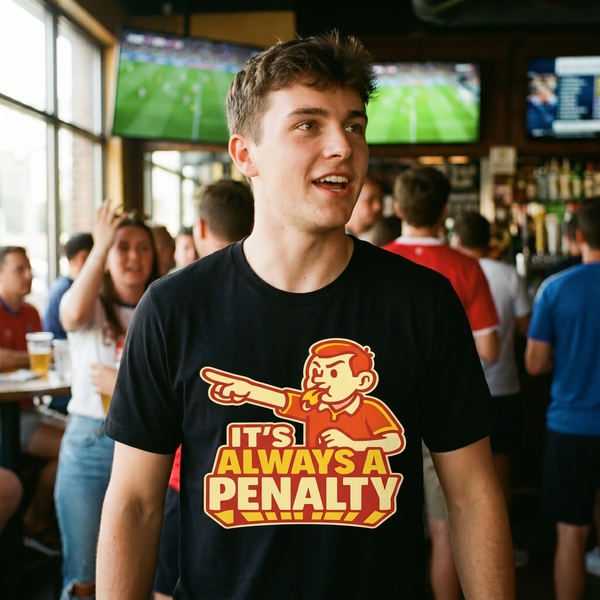 Fan at a soccer watch party wearing the It's Always A Penalty funny ref tee in black