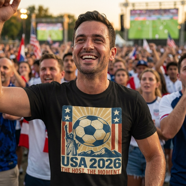 Fan wearing the USA 2026 World Cup host nation tee at an outdoor watch party
