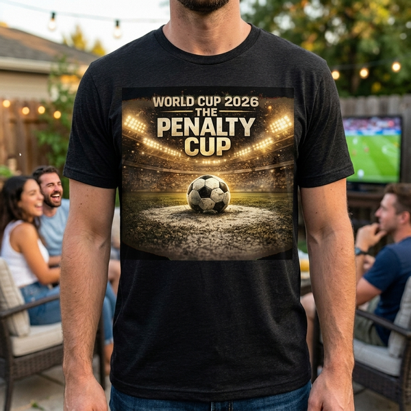 Fan wearing the World Cup 2026 The Penalty Cup tee at a backyard watch party