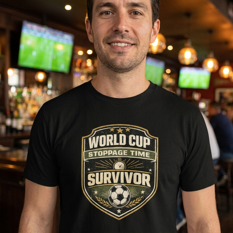 World Cup Stoppage Time Survivor tee worn at a sports bar
