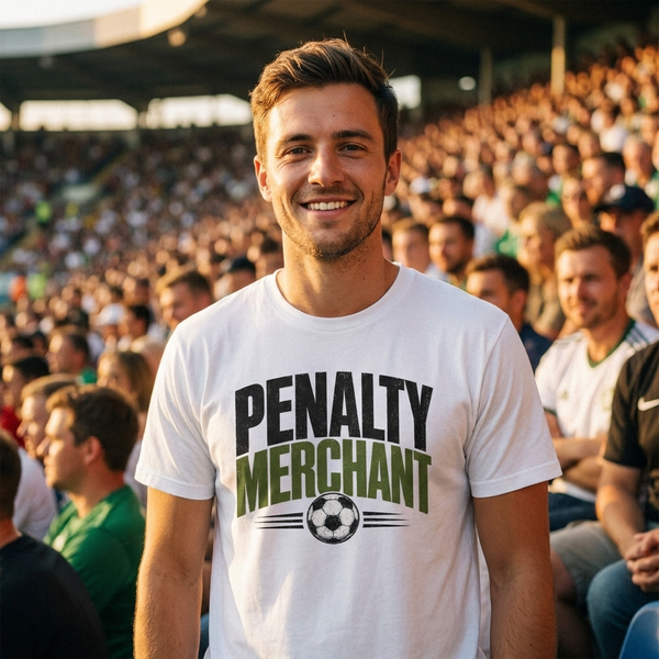 Penalty Merchant funny soccer tee on a white shirt worn at a packed stadium