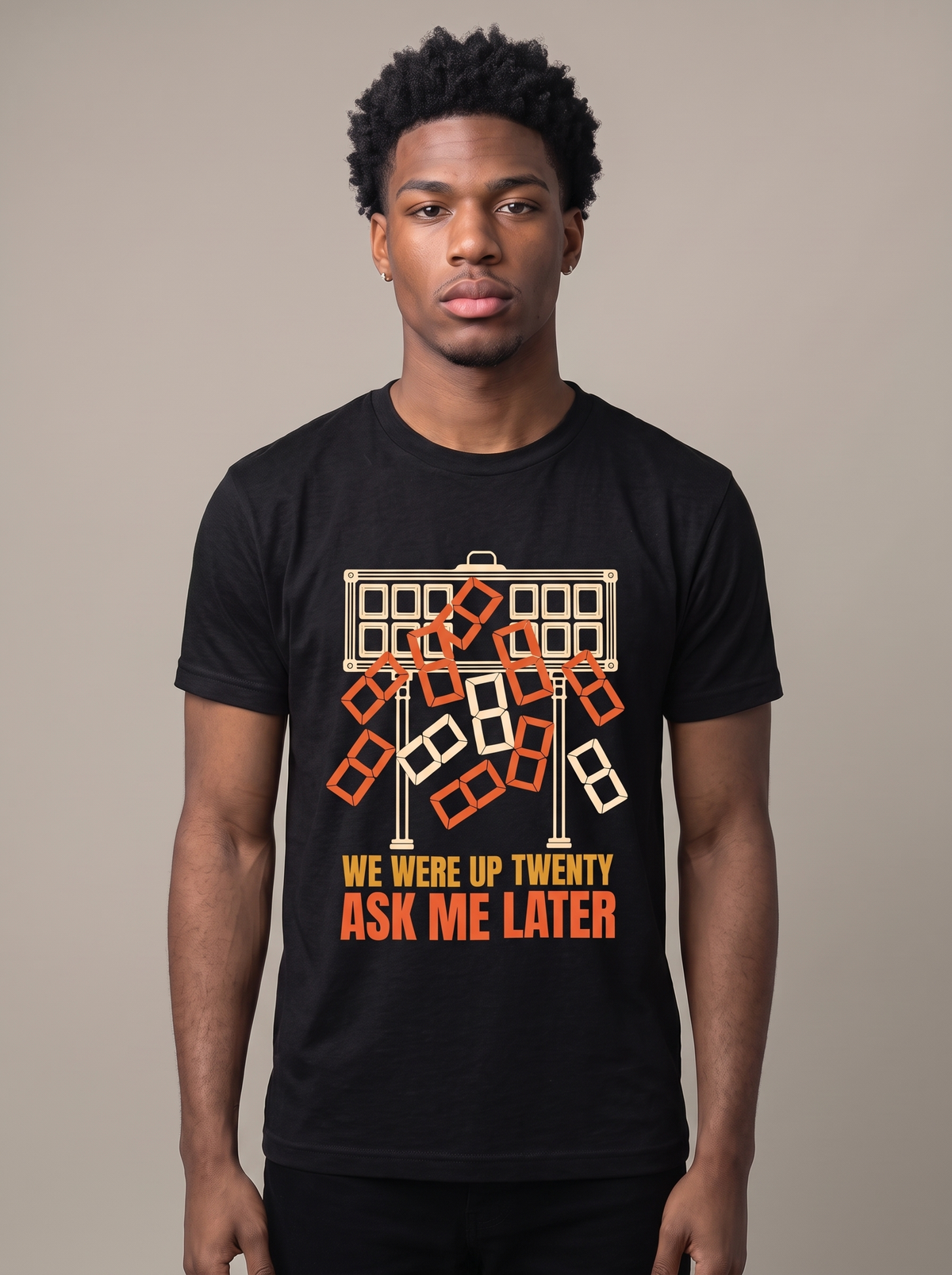 We Were Up Twenty tee worn front view, black unisex tee, scoreboard shedding its numerals