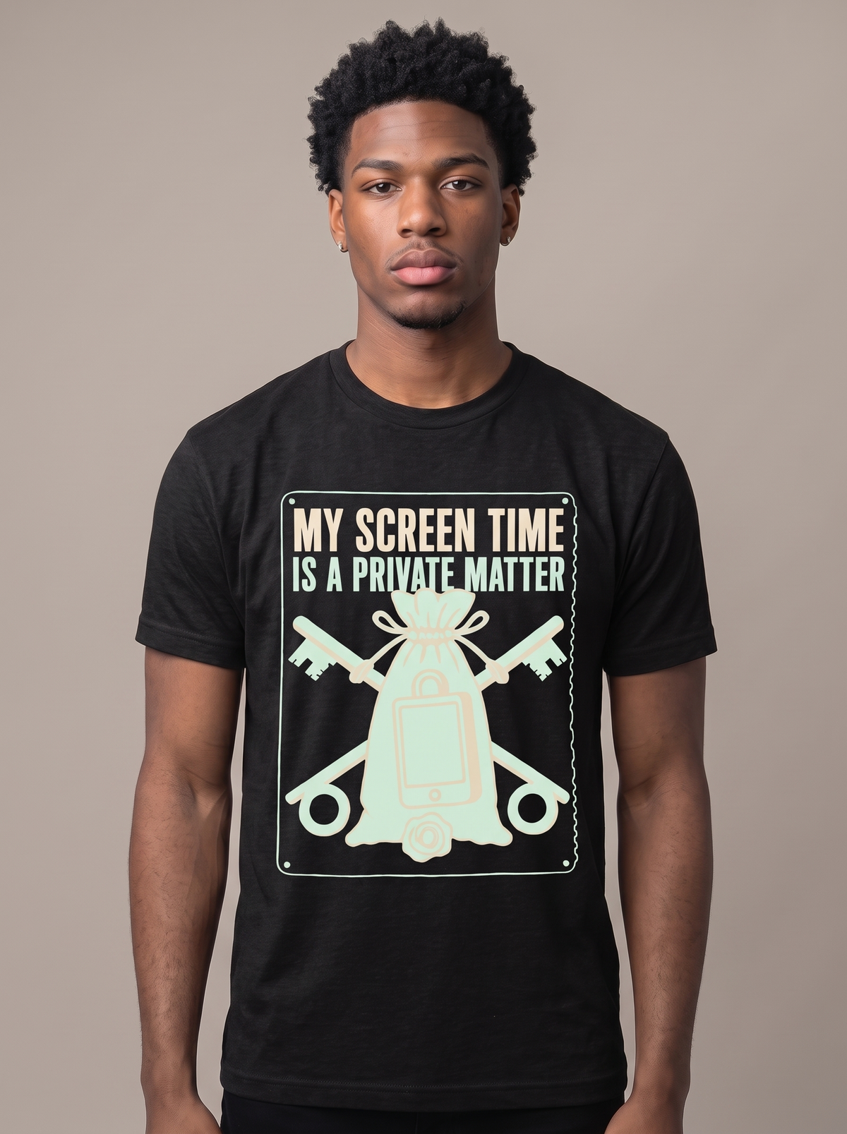 My Screen Time Is A Private Matter tee worn front view, black unisex tee, a padlocked phone in an evidence pouch