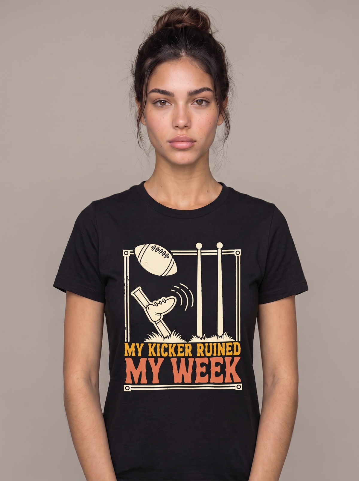 My Kicker Ruined My Week tee worn front view, black unisex tee, football sailing wide of the goalposts