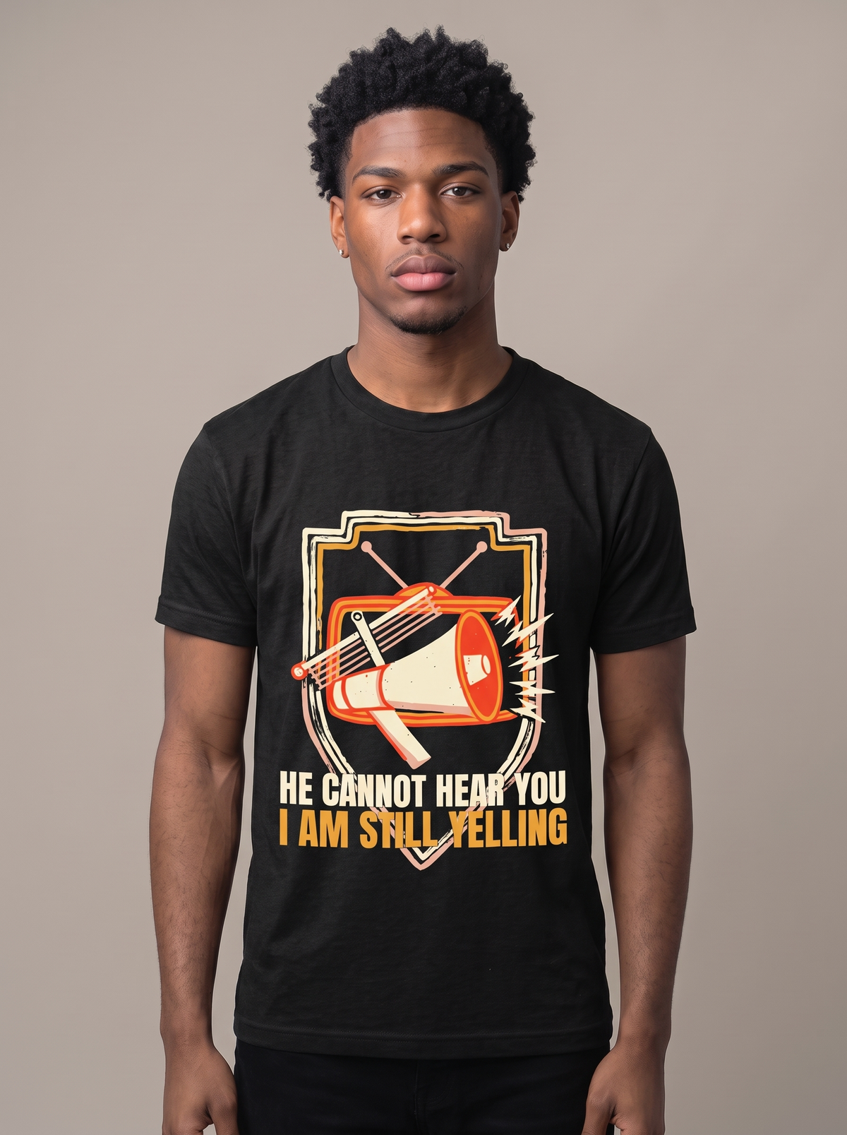 He Cannot Hear You tee worn front view, black unisex tee, megaphone and antenna crossed over a vintage television