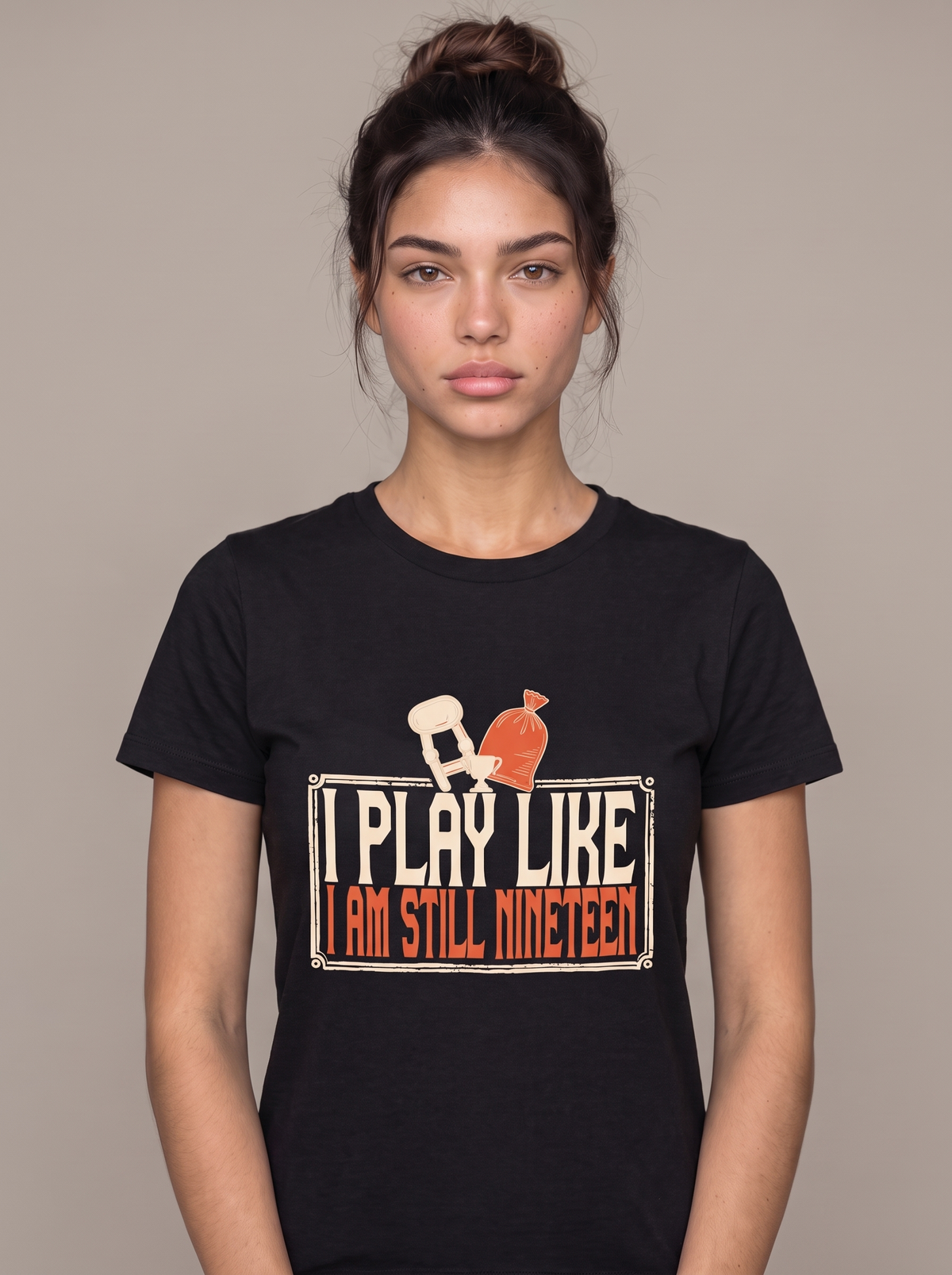 I Play Like I Am Still Nineteen tee worn front view, black unisex tee, a knee brace and ice pack above the type