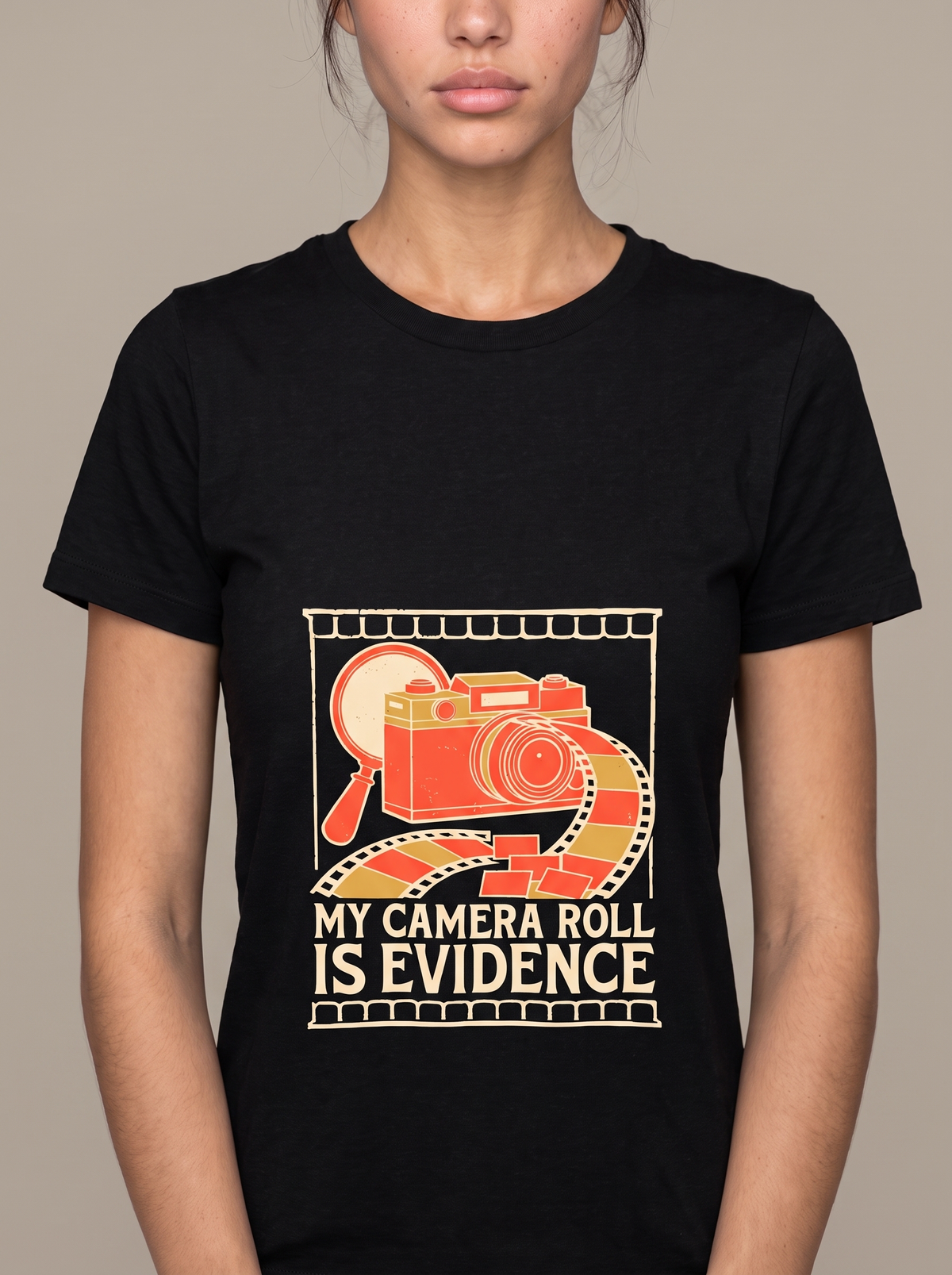 My Camera Roll Is Evidence tee worn front view, black unisex tee, a vintage camera with film unspooling
