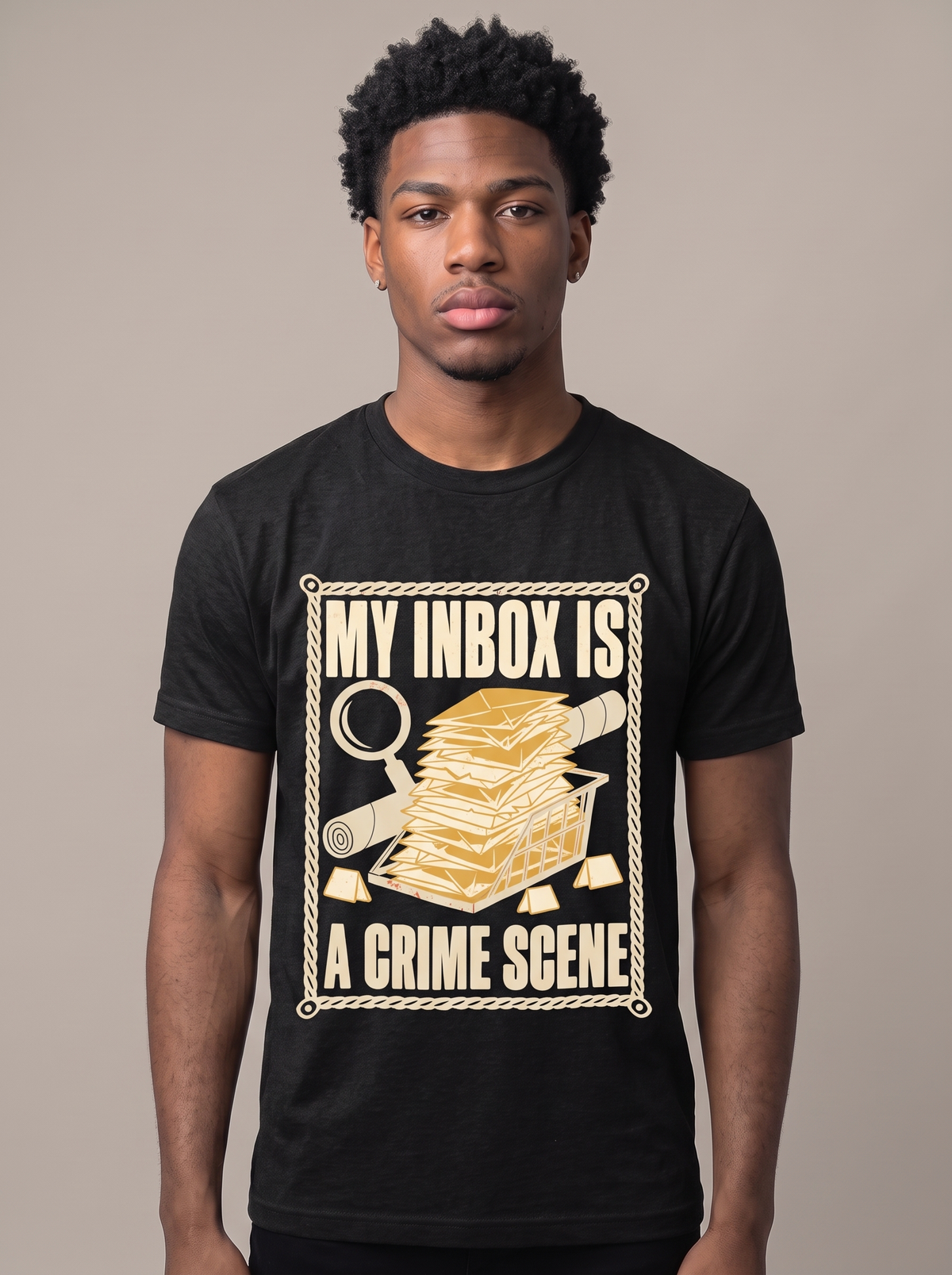 My Inbox Is A Crime Scene tee worn front view, black unisex tee, an overflowing mail tray with a magnifying glass