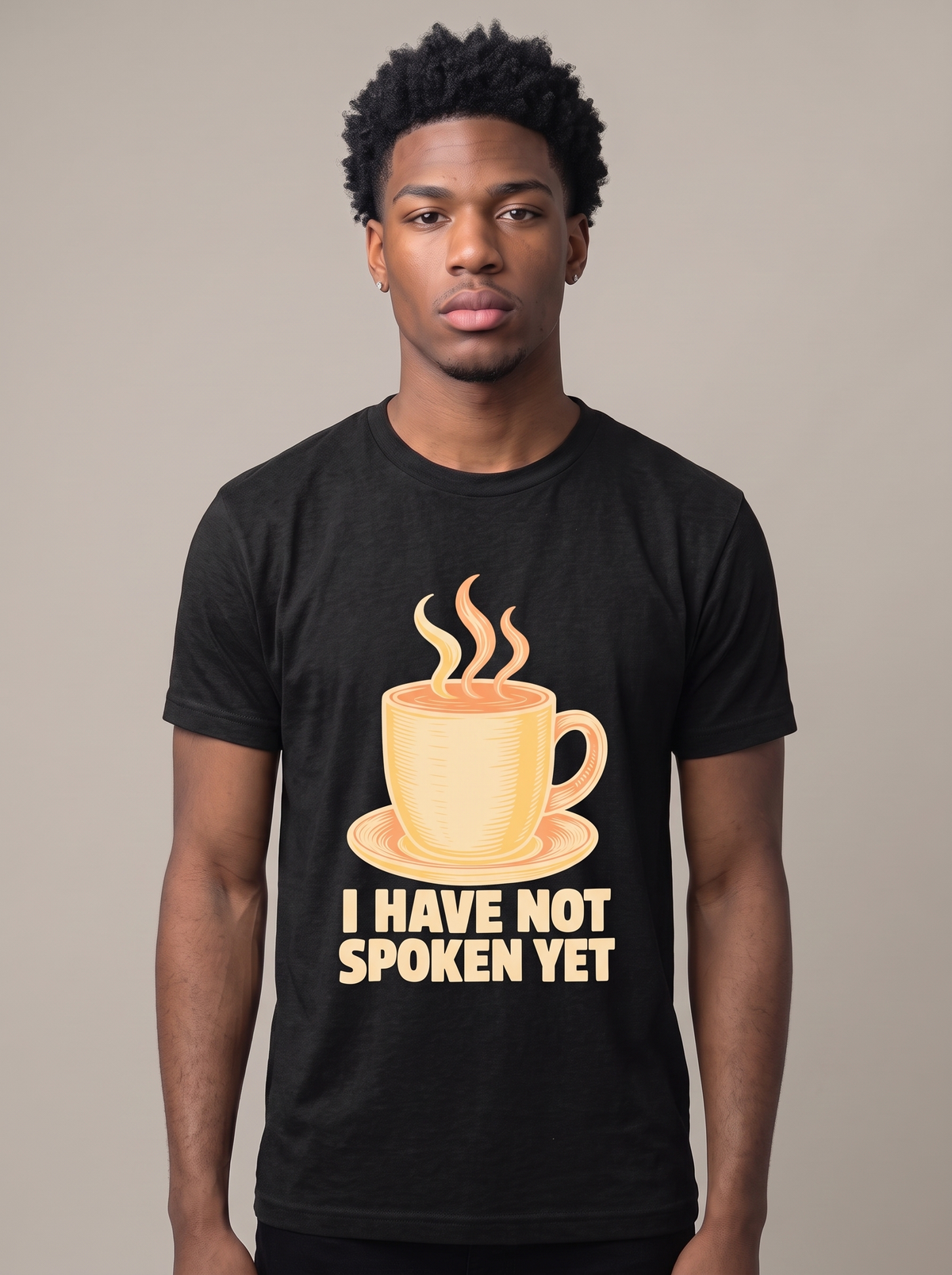 I Have Not Spoken Yet tee worn front view, black unisex tee, steaming diner coffee mug
