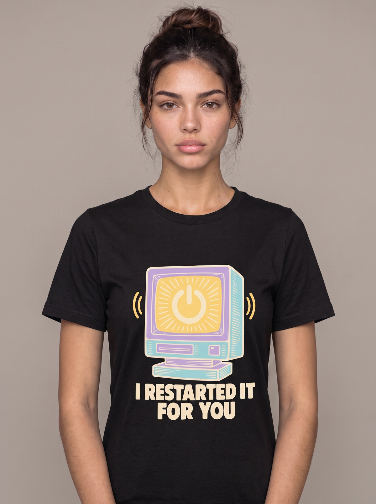 I Restarted It For You tee worn front view, black unisex tee, retro monitor with power symbol