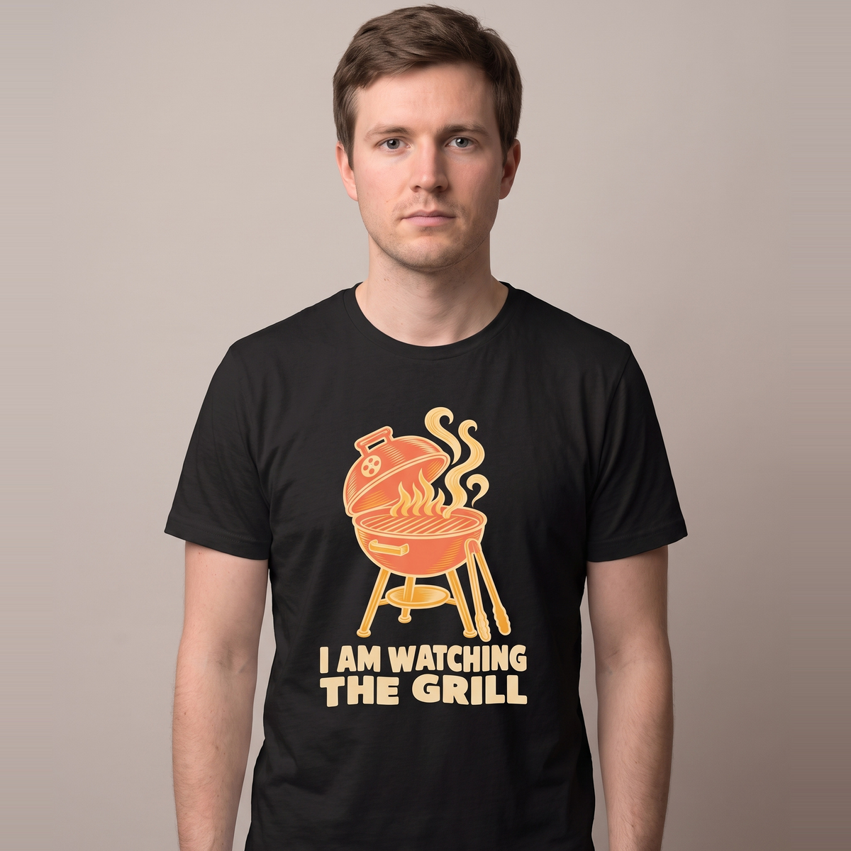 I Am Watching The Grill tee worn front view, black unisex tee, kettle grill with smoke