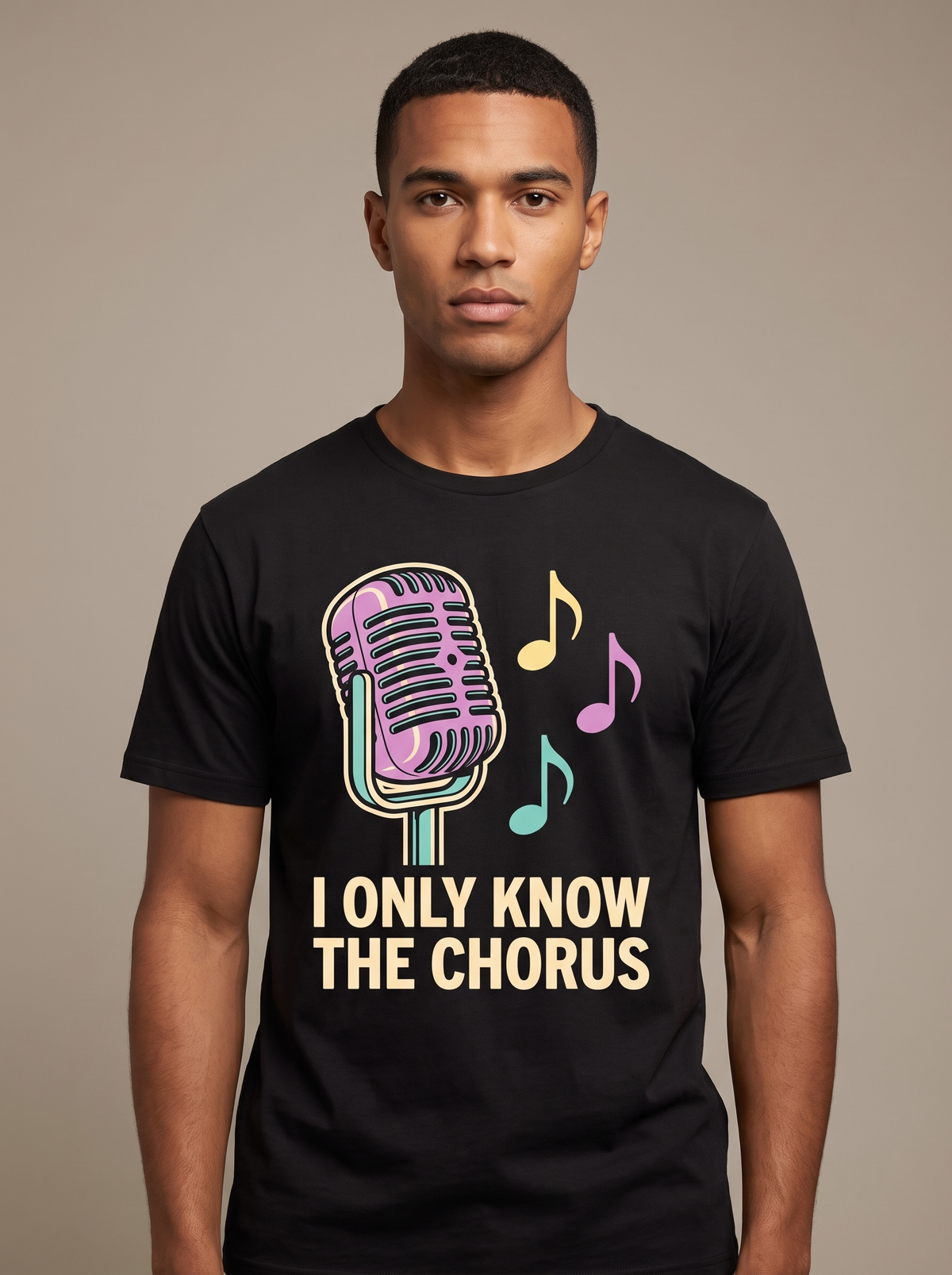 I Only Know The Chorus tee worn front view, black unisex tee, vintage stage microphone