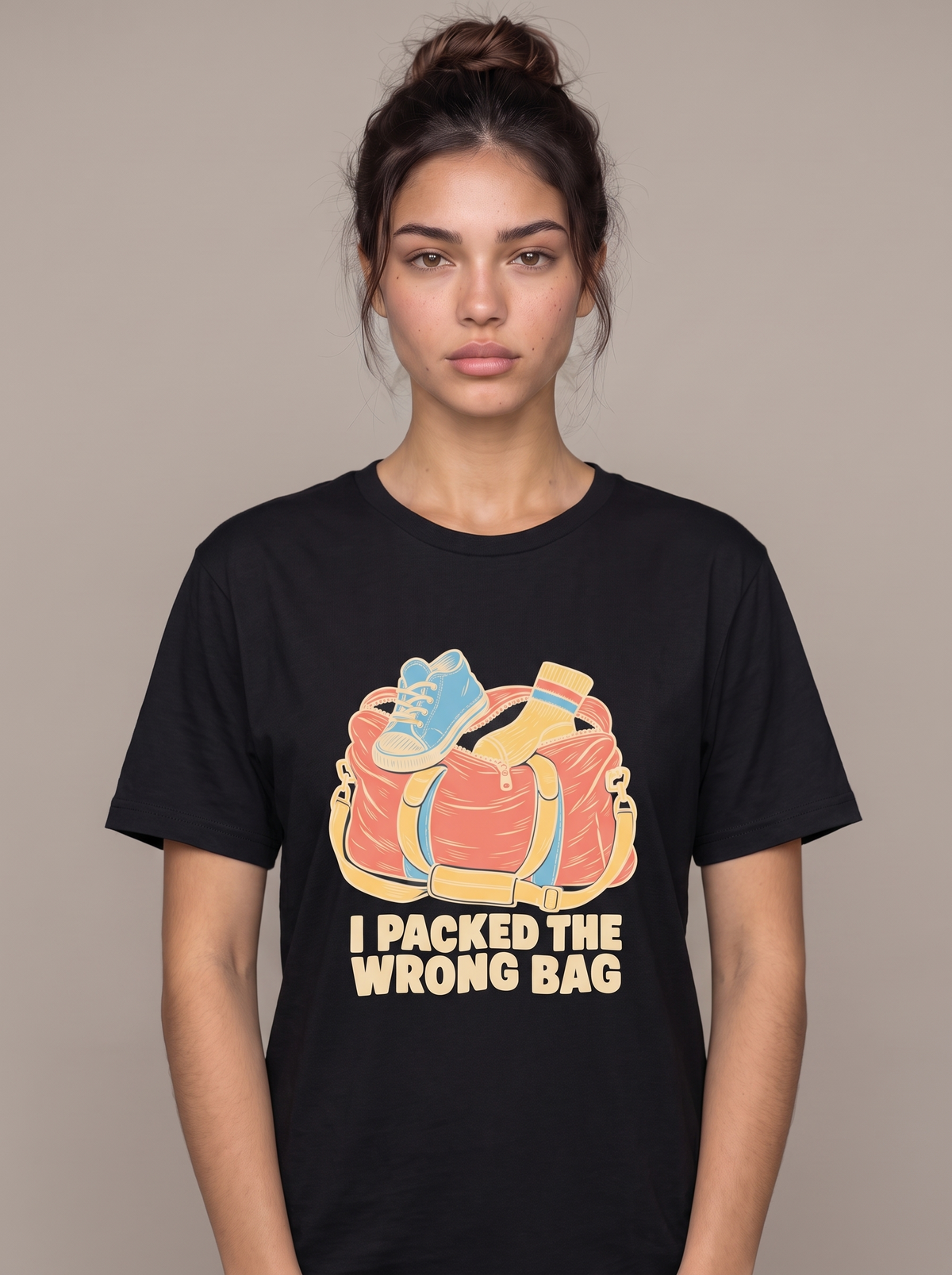 I Packed The Wrong Bag tee worn front view, black unisex tee, overstuffed duffel bag