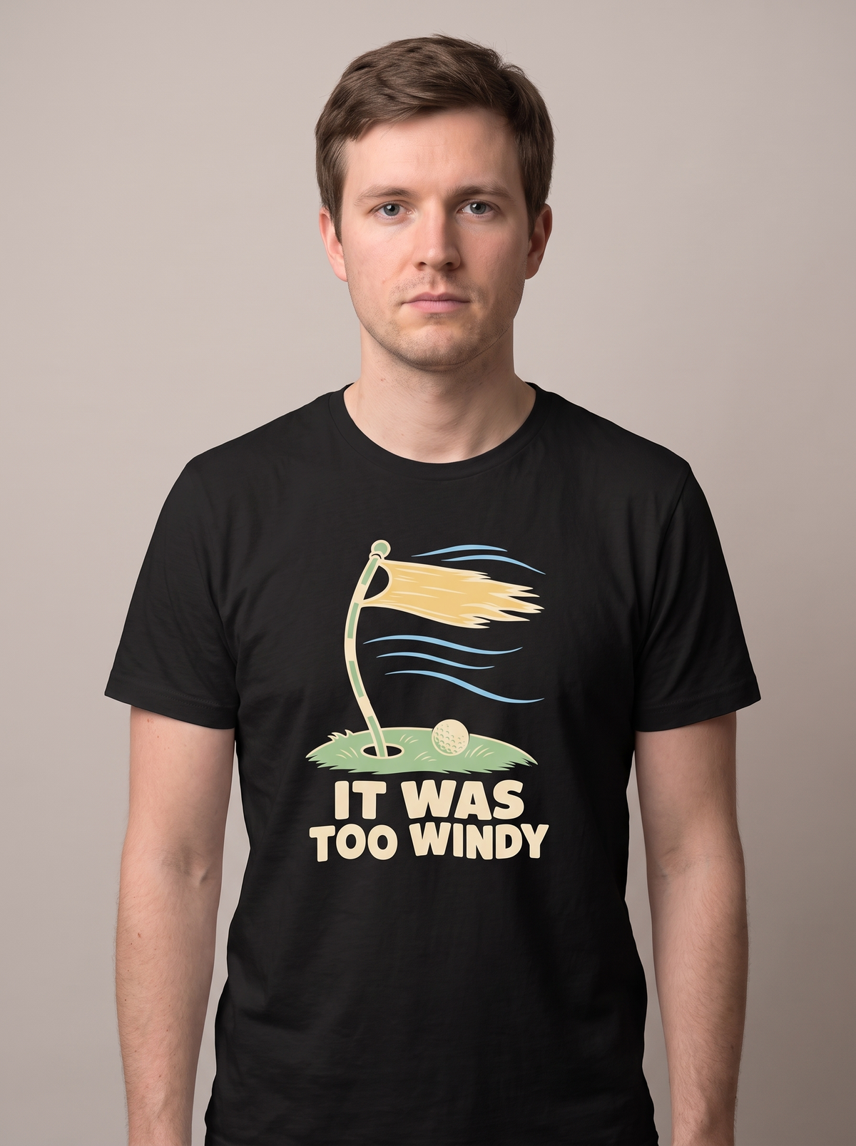 It Was Too Windy tee worn front view, black unisex tee, golf flag bent in the wind