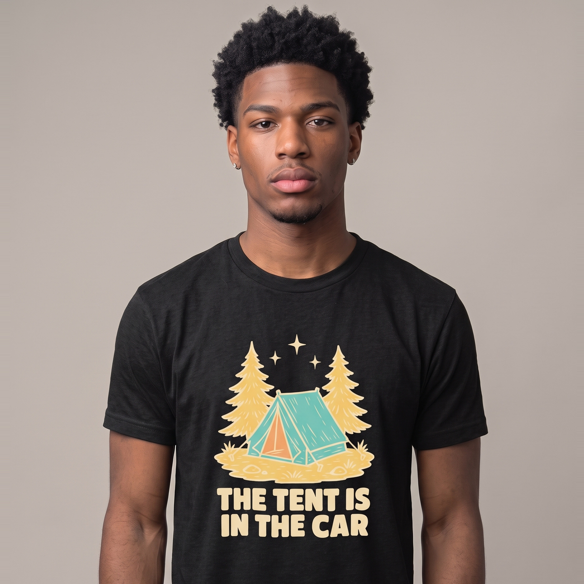 The Tent Is In The Car tee worn front view, black unisex tee, tent between two pines
