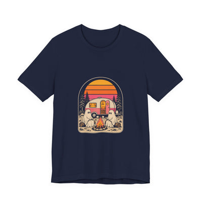 Ghost Campfire tee flat front, navy unisex tee, two sheet ghosts at a campfire by a vintage camper
