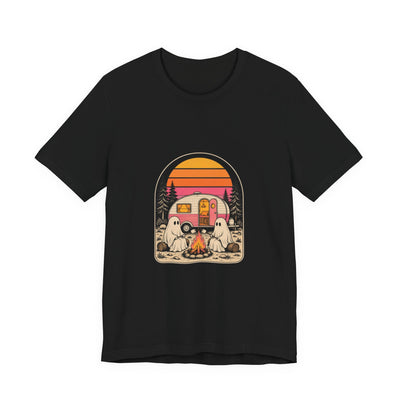 Ghost Campfire tee flat front, black unisex tee, two sheet ghosts at a campfire by a vintage camper