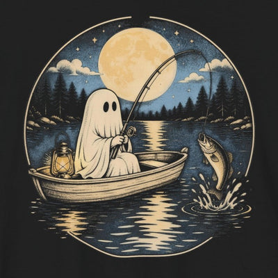 Ghost Angler tee print close-up, black unisex tee, sheet ghost fishing from a rowboat under the moon