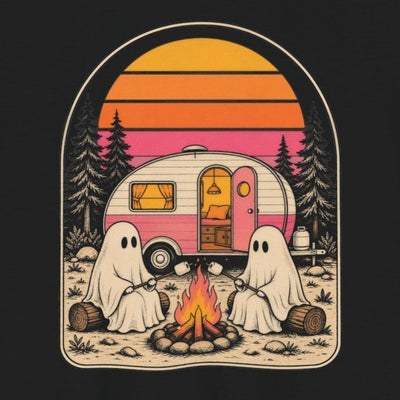 Ghost Campfire tee print close-up, black unisex tee, two sheet ghosts at a campfire by a vintage camper