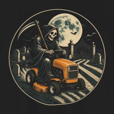 Grim Reaper Mower tee print close-up, black unisex tee, grim reaper riding an orange lawn mower in a moonlit cemetery