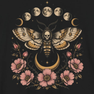 Death's-Head Moth Moon Phases tee print close-up, black unisex tee, skull moth, moon phases, crescent moon, roses