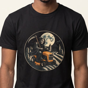 Grim Reaper Mower tee worn front view, black unisex tee, grim reaper riding an orange lawn mower in a moonlit cemetery