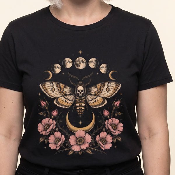 Death's-Head Moth Moon Phases tee worn front view, black unisex tee, skull moth, moon phases, crescent moon, roses