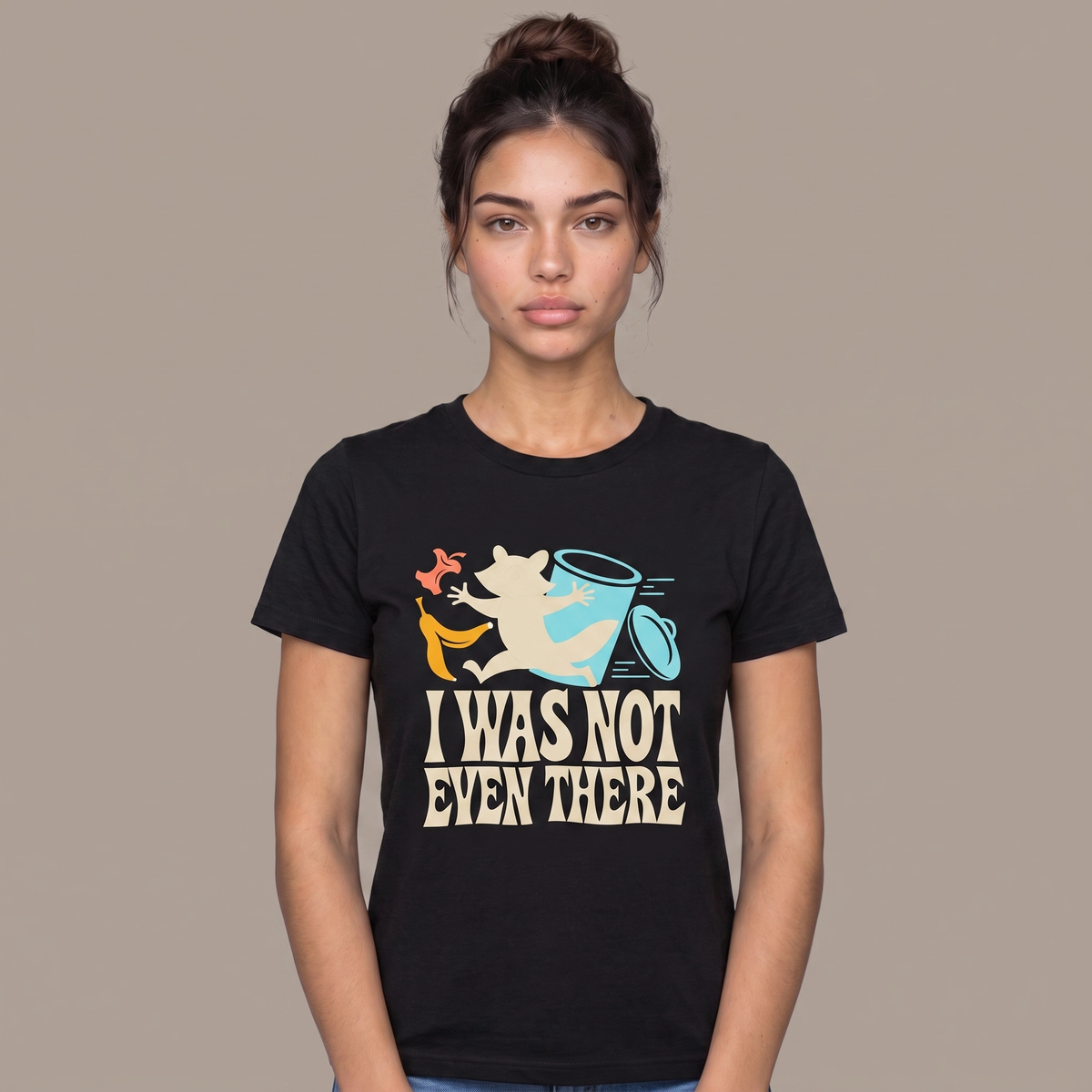 I Was Not Even There tee worn front view, black unisex tee, raccoon running from a tipped trash can
