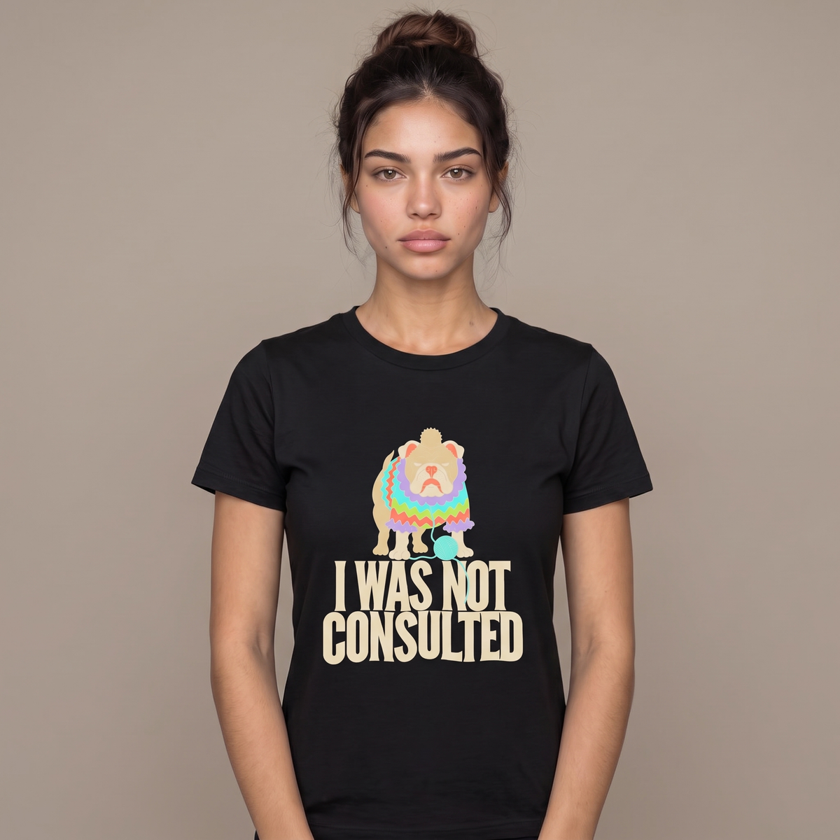 I Was Not Consulted tee worn front view, black unisex tee, bulldog in a knitted sweater
