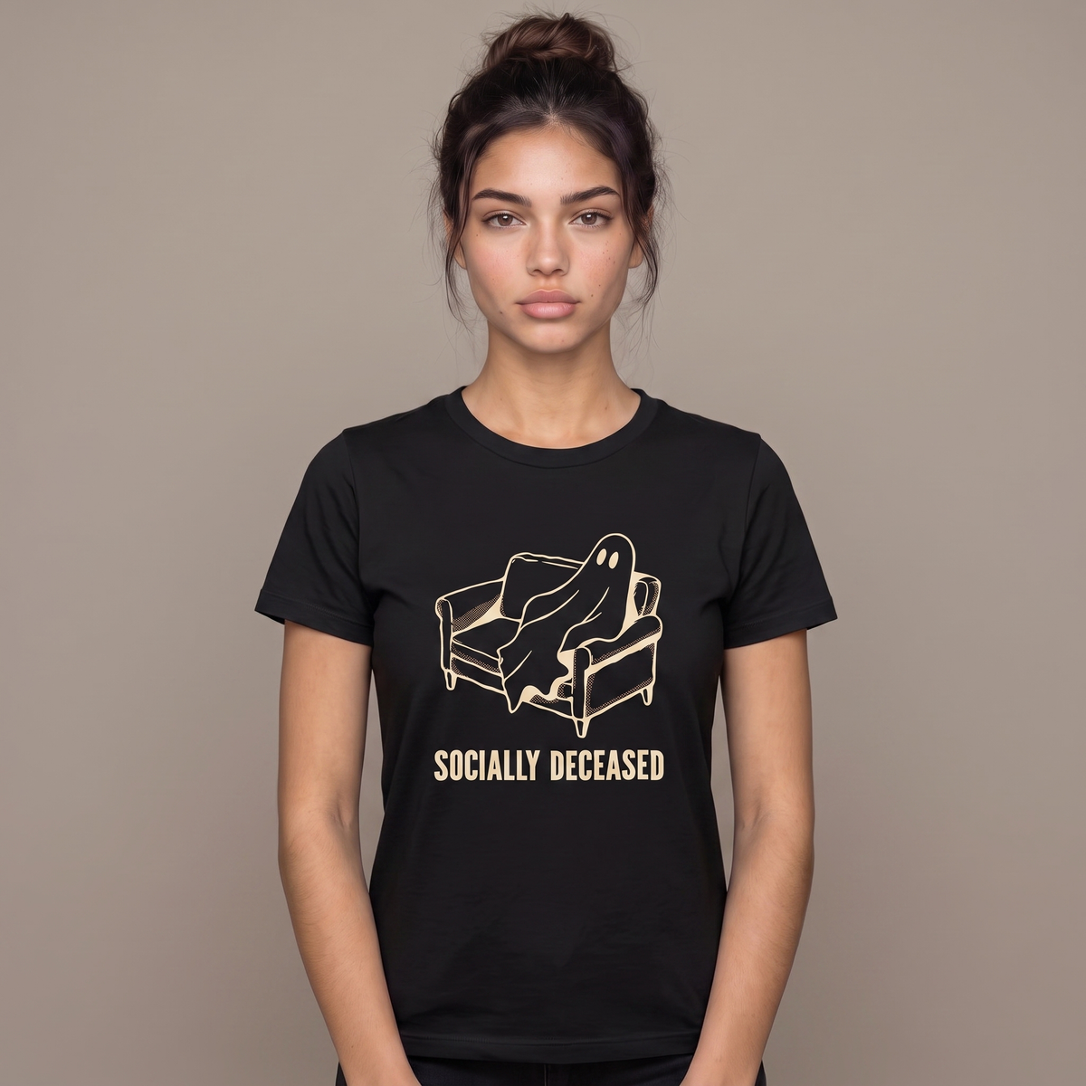 Socially Deceased tee worn front view, black unisex tee, bedsheet ghost slumped into a couch