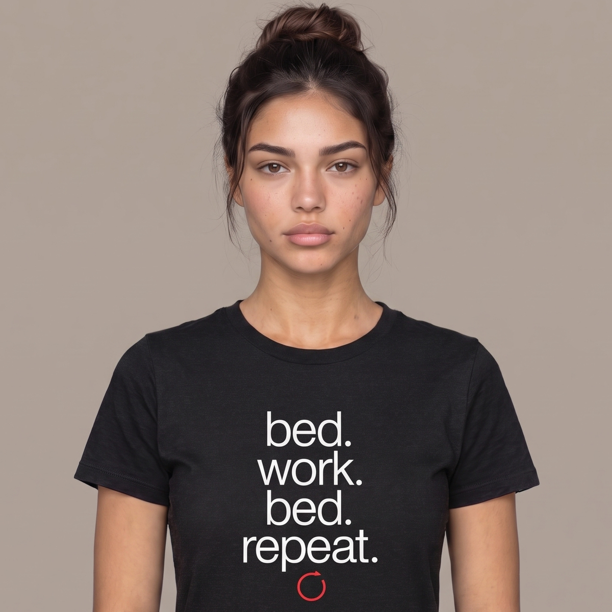 Bed Work Bed Repeat tee worn front view, black heather unisex tee, lowercase stack with a red loop